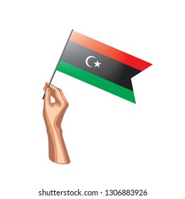 Libya flag and hand on white background. Vector illustration