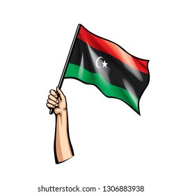Libya flag and hand on white background. Vector illustration