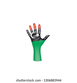 Libya flag and hand on white background. Vector illustration