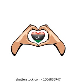 Libya flag and hand on white background. Vector illustration