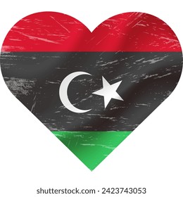 Bandera libia en forma de corazón grunge vintage. Corazón de la bandera de Libia. Bandera del vector, símbolo. 
