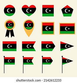 Libya flag icon set in 16 shape versions. Collection of Libya flag icons with square, circle, heart, triangle, medal, stamp and location shapes.