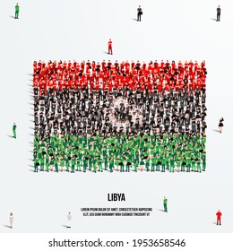 Libyen-Flagge. Eine große Gruppe von Menschen bildet die Form der libyschen Flagge. Vektorgrafik.