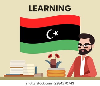 Libyen-Flagge mit einem männlichen Lehrer, Lernen oder Lehren Libyen Sprache, Bärenmann mit Brille und Country-Flagge Vektordesign, Sprachschulkonzept