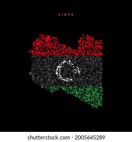 Mapa de la bandera libia, patrón de partículas caóticas en los colores de la bandera libia. Ilustración vectorial aislada en el fondo negro.