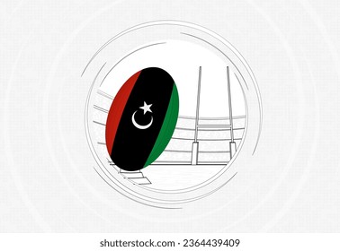 Libya flag on rugby ball, lined circle rugby icon with ball in a crowded stadium. Vector sport emblem on abstract background.