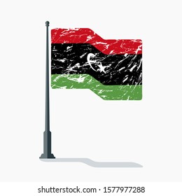Libya flag with scratches waving on flagpole with shadow in vector