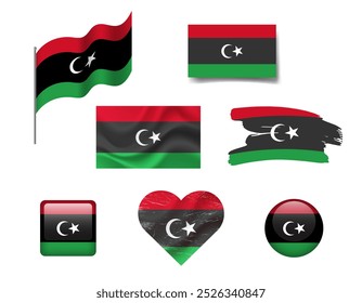Libya flag set of icons. Vector flag of Libya, symbol. Set of Libya flags button, waved, heart.