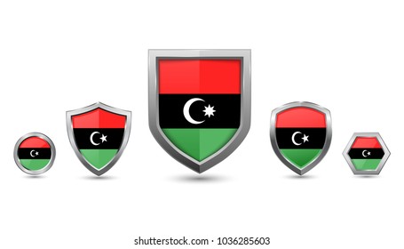 Libya flag - silver badges with different shape shield, circle and hexagon - stock vector illustration