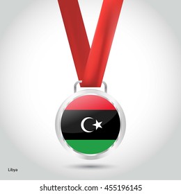 Libya Flag in Silver Medal. Vector Illustration. RIO Olympic Game silver Medal. Vector Illustration