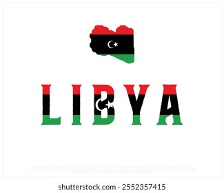 LIBYA-Flagge Typografie mit Karte auf weißem Hintergrund, Bearbeitbares Vektordesign von LIBYA-Typografie mit Kartenflagge, Independence Day Design, LIBYA-Tagesdesign, Karte von LIBYA auf weißem Hintergrund