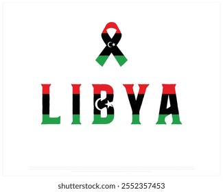 LIBYA flag Typography with ribbon flag on a white background, Editable vector design of LIBYA typography with flag, Independence Day Design, LIBYA day design, Ribbon Flag of LIBYA on white background