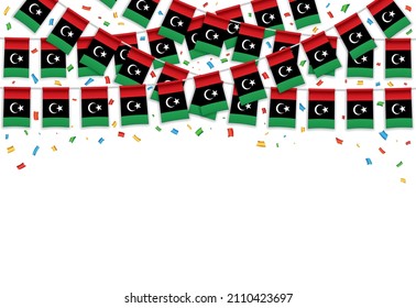Banderas de Libia marcan fondo blanco con confeti, banner de Hang para la plantilla de celebración del Día Nacional, ilustración del vector