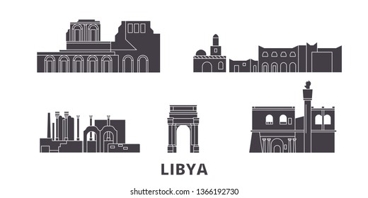 Libya flat travel skyline set. Libya black city vector illustration, symbol, travel sights, landmarks.