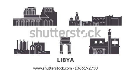 Libya flat travel skyline set. Libya black city vector illustration, symbol, travel sights, landmarks.
