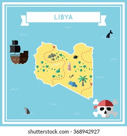 Libya flat treasure map. Colorful cartoon treasure map of Libya with flat icons of pirate ship, jolly roger, treasure chest and banner ribbon. Flat design vector illustration.