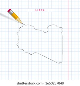 Libya freehand pencil sketch outline map on checkered school notebook background. Realistic 3D pencil with soft shadow.