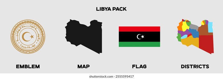 Libya Graphics Pack. Libya Flag. Libya Map. Libya Emblem. Editable EPS file with Map, Emblem, Flag and Divisional Map.