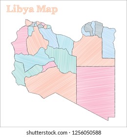 Libya hand-drawn map. Colorful sketchy country outline. Posh Libya map with provinces. Vector illustration.