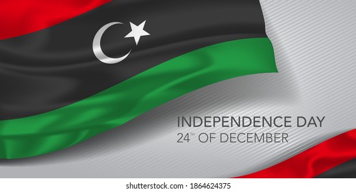 Libya happy independence day greeting card, banner with template text vector illustration. Libyan memorial holiday 24th of December design element with realistic flag with eagle
