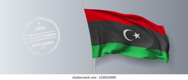 Libya happy independence day greeting card, banner with template text vector illustration. Libyan memorial holiday 24th of December design element with 3D flag with stripes