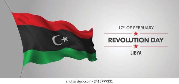 Tarjeta de saludo del Día de la Revolución feliz en Libia, cartel con ilustración vectorial de texto de plantilla. Fiesta conmemorativa libia 17 de febrero elemento de diseño con bandera 3D con creciente