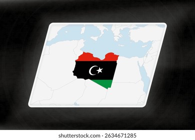 Libya Highlighted in Flag Colors on Geographic Map. Modern Map on a dark abstract backdrop.