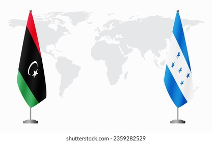 Libya and Honduras flags for official meeting against background of world map.