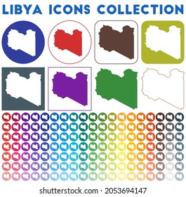 Libya icons collection. Bright colorful trendy map icons. Modern Libya badge with country map. Vector illustration.