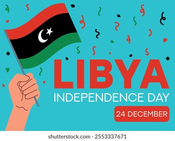 libya independence day 24 december, libya flag in hand. Greeting card, poster, banner template	
