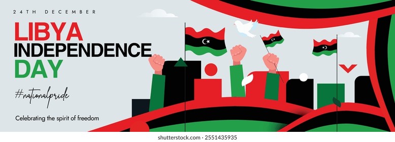 Libya Independence day. 24th December Independence day of Libya celebration cover banner, abstract art elements, hand fists in air. The day recalls country's independence from Italian colonial rule.