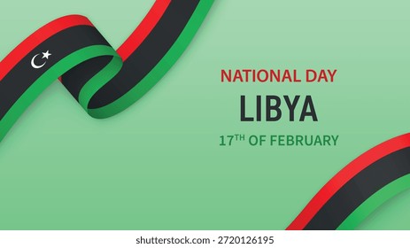 Anuncio del Día de la Independencia de Libia con cinta de la bandera y diseño patriótico del fondo.