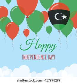 Libya Independence Day Flat Patriotic Card. Happy National Day Libya Vector Patriotic card. Flying Rubber Balloons in Colors of the Libyan Flag.