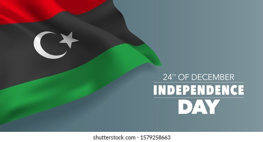 Libya independence day greeting card, banner with template text vector illustration. Libyan memorial holiday 24th of December design element with stripes and crescent 