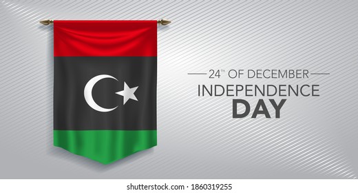 Libya independence day greeting card, banner, vector illustration. Libyan national day 24th of December background with pennant