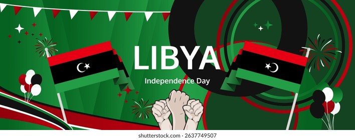Libya Independence Day modern greeting banner. 24 December Happy National Day. Festive horizontal background with flag colors, great for carnival poster, tourism campaign, holidays flash sale