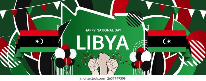 Libya Independence Day modern greeting banner. 24 December Happy National Day. Festive horizontal background with flag colors, great for carnival poster, tourism campaign, holidays flash sale