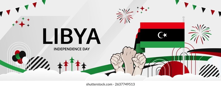 Libya Independence Day modern greeting banner. 24 December Happy National Day. Festive horizontal background with flag colors, great for carnival poster, tourism campaign, holidays flash sale