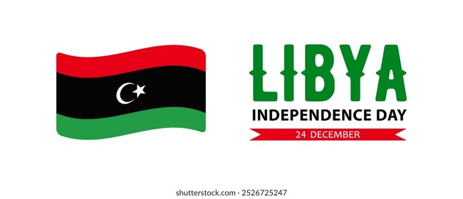 Día de la Independencia de Libia, diseño de Anuncio de Web minimalista simple. Texto Día de la Independencia de Libia, 24 de diciembre y bandera de Libia aislada sobre fondo blanco.