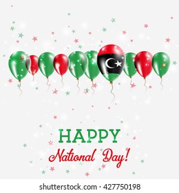 Libya Independence Day Sparkling Patriotic Poster. Happy Independence Day Card with Libya Flags, Confetti, Stars, Bokeh and Glitter.
