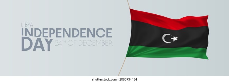 Libya independence day vector banner, greeting card. Libyan wavy flag in 24th of December national patriotic holiday horizontal design