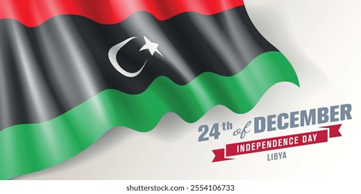 Libya independence day vector banner, greeting card. Libyan wavy flag in 24th of December national patriotic holiday horizontal design