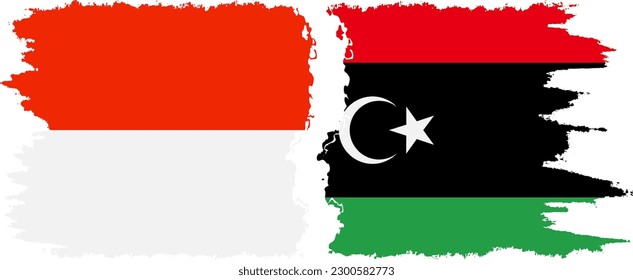 Libya and Indonesia grunge flags connection, vector