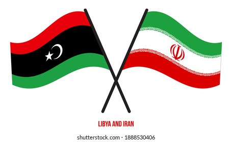 Libya and Iran Flags Crossed And Waving Flat Style. Official Proportion. Correct Colors.