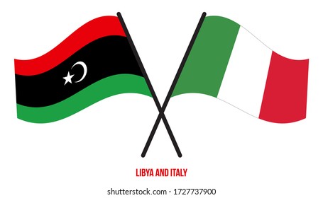 Libya and Italy Flags Crossed And Waving Flat Style. Official Proportion. Correct Colors.