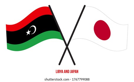 Libya and Japan Flags Crossed And Waving Flat Style. Official Proportion. Correct Colors.