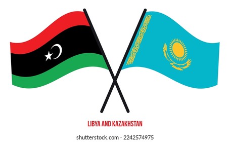 Libya and Kazakhstan Flags Crossed And Waving Flat Style. Official Proportion. Correct Colors.