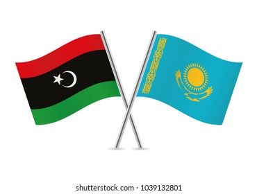 Libya and Kazakhstan flags. Libyan and Kazakh flags, isolated on white background. Vector illustration.