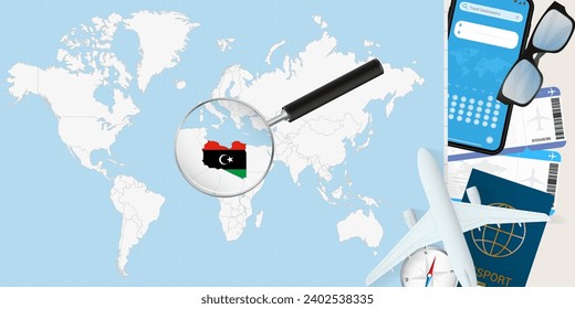 Libya is magnified over a World Map, illustration with airplane, passport, boarding pass, compass and eyeglasses. Vector illustration.
