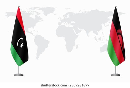 Libyen und Malawi-Flaggen für offizielle Treffen vor dem Hintergrund der Weltkarte.